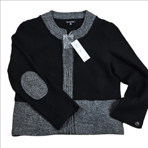 NWT For Cynthia Boiled Wool Black & Grey Elbow Patch Cardigan Sweater Jacket